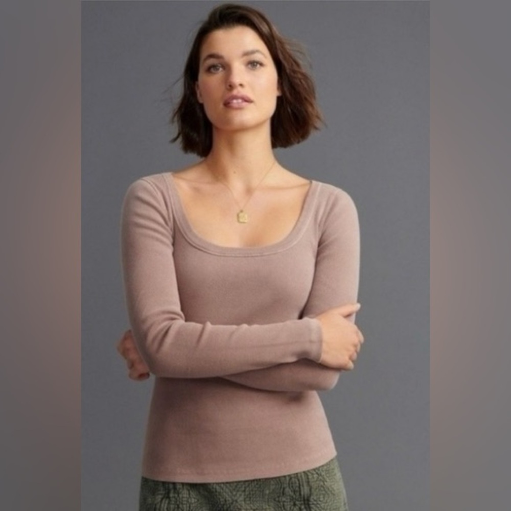 Anthropologie Asha Scoop Neck Long Sleeve Ribbed Shirt Size Large